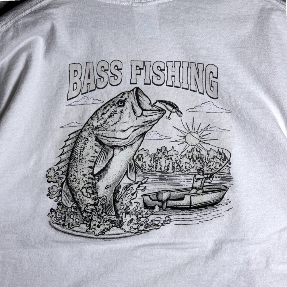 Gildan Y2K Santee Lakes Bass Fishing Graphic T-Shirt Mens L‎ White Short Sleeve
